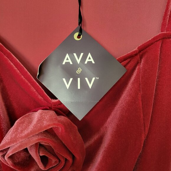 Ava & Viv Womens 2X Red Velvet Long Sleeve Dress With Rose Accent - Picture 7 of 8